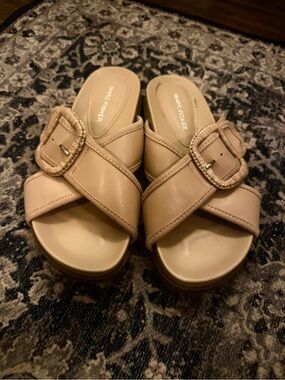 Marc Fisher Beige Crisscross Slide Mules with Woven Buckle
